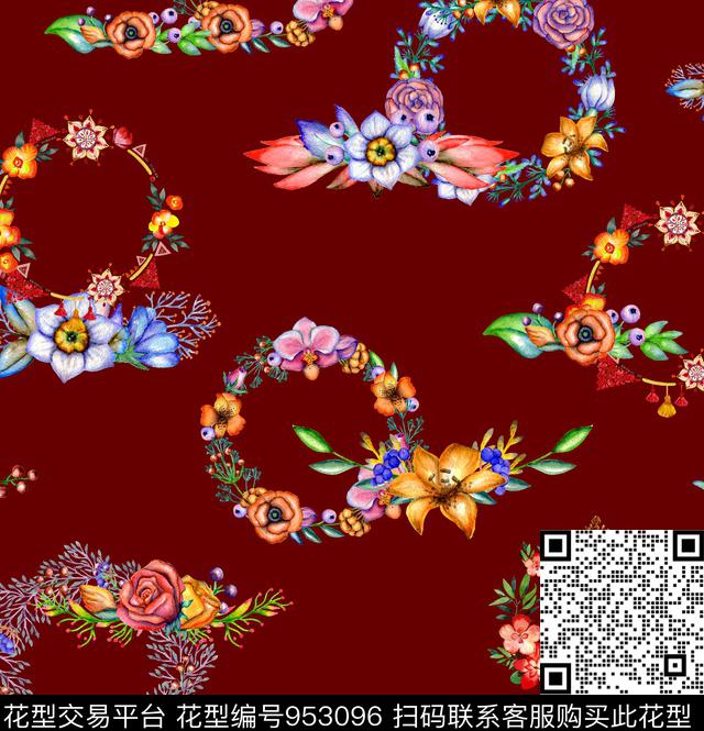 水彩花卉花卉圆形数码印花华亿平台下载（图片编号: 953096） - 瓦栏（Walan）