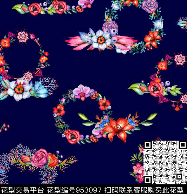 水彩花卉花卉圆形数码印花华亿平台下载（图片编号: 953097） - 瓦栏（Walan）