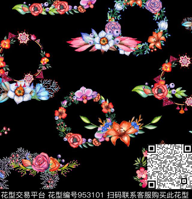 水彩花卉花卉圆形数码印花华亿平台下载（图片编号: 953101） - 瓦栏（Walan）