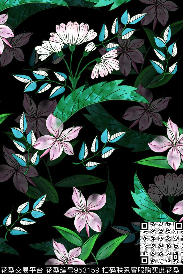 手绘花卉时尚手绘绿植树叶数码印花华亿平台下载（图片编号: 953159） - 瓦栏（Walan）