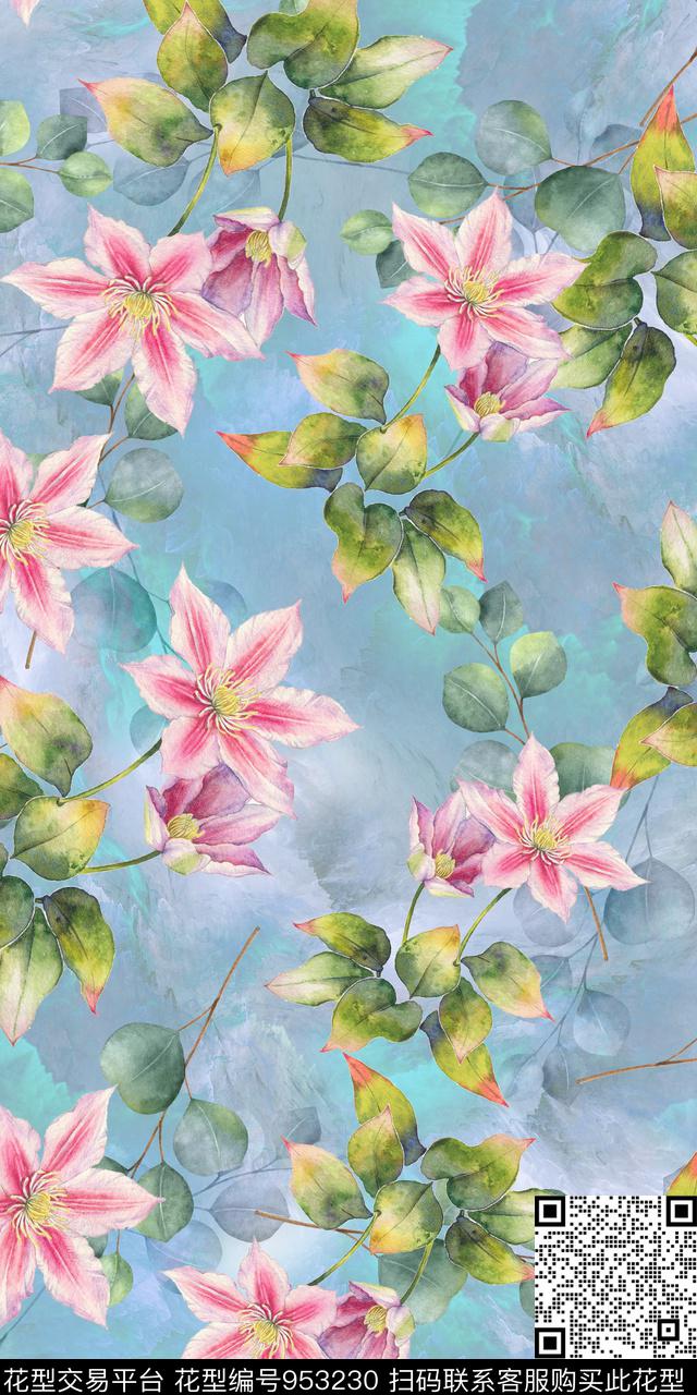 手绘花卉迪拜花卉满版散花数码印花华亿平台下载（图片编号: 953230） - 瓦栏（Walan）