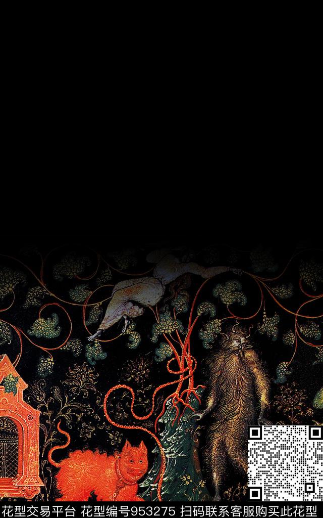 艺术胸前独幅定位花数码印花华亿平台下载（图片编号: 953275） - 瓦栏（Walan）