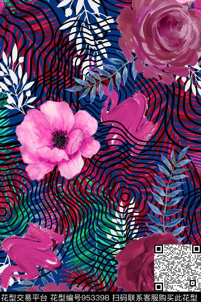 手绘花卉女装年轻女性数码印花华亿平台下载（图片编号: 953398） - 瓦栏（Walan）