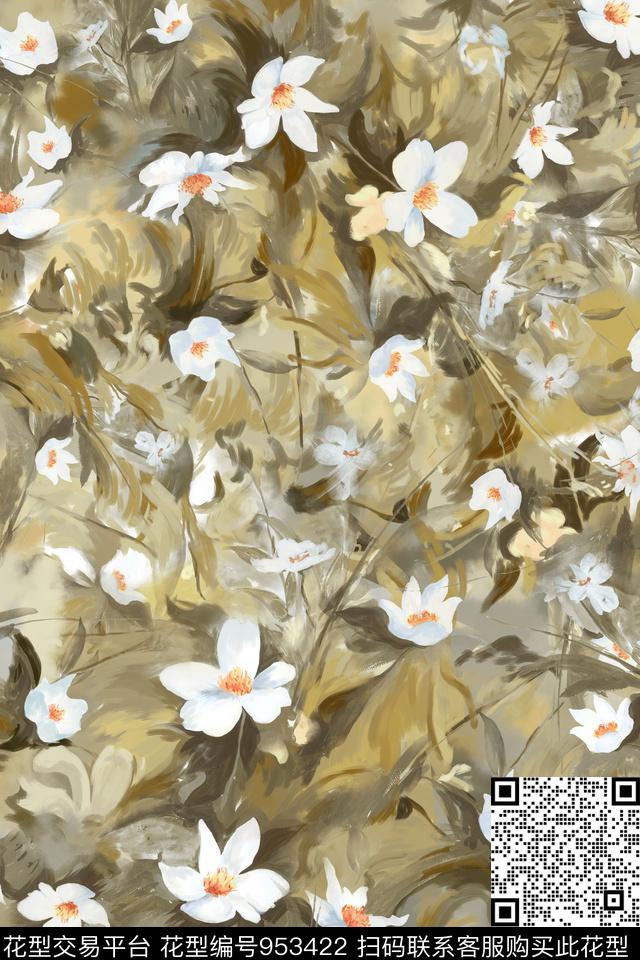 手绘花卉女装花卉数码印花华亿平台下载（图片编号: 953422） - 瓦栏（Walan）