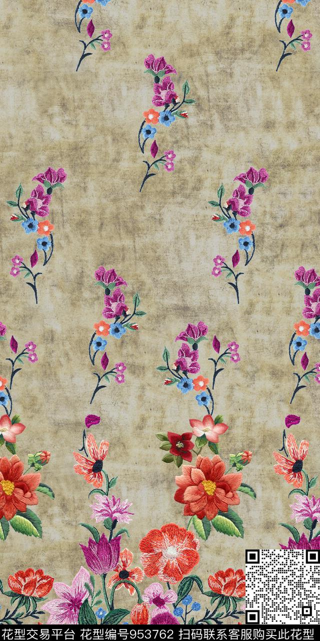 绣花华亿平台花卉定位花数码印花华亿平台下载（图片编号: 953762） - 瓦栏（Walan）