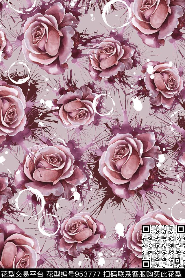 手绘花卉花卉泼溅数码印花华亿平台下载（图片编号: 953777） - 瓦栏（Walan）