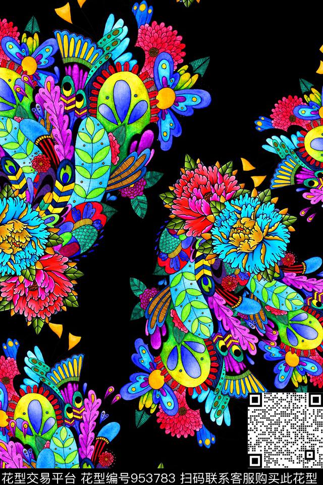 羽毛花卉几何数码印花华亿平台下载（图片编号: 953783） - 瓦栏（Walan）