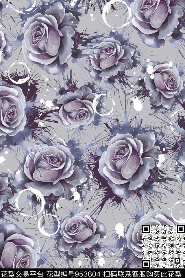 手绘花卉花卉泼溅数码印花华亿平台下载（图片编号: 953804） - 瓦栏（Walan）