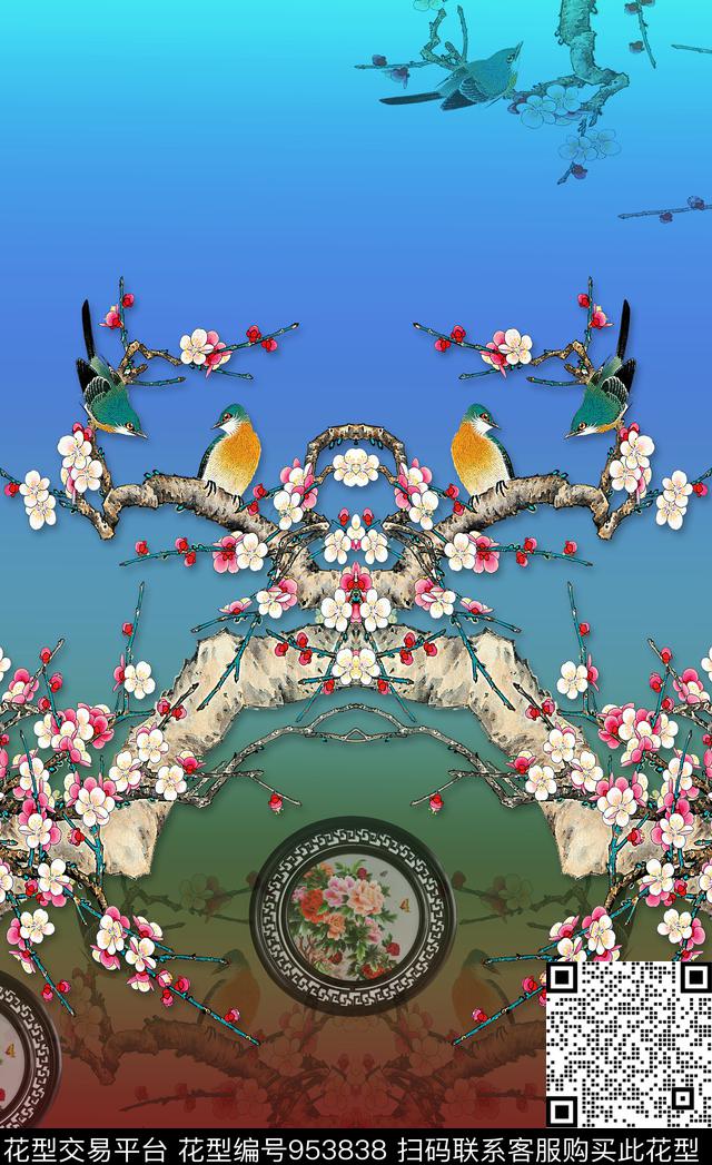 梅花定位花花鸟数码印花华亿平台下载（图片编号: 953838） - 瓦栏（Walan）