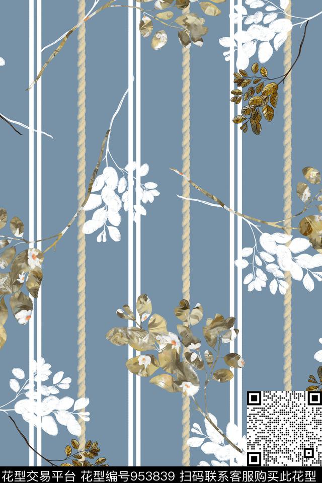 条纹线条手绘花卉数码印花华亿平台下载（图片编号: 953839） - 瓦栏（Walan）