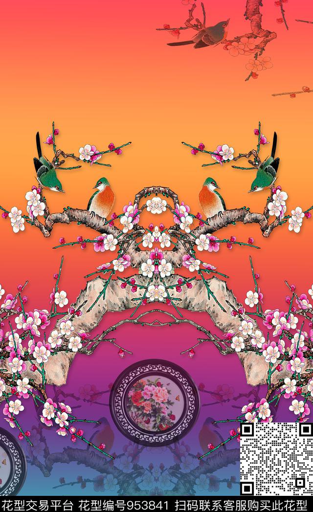 梅花定位花花鸟数码印花华亿平台下载（图片编号: 953841） - 瓦栏（Walan）