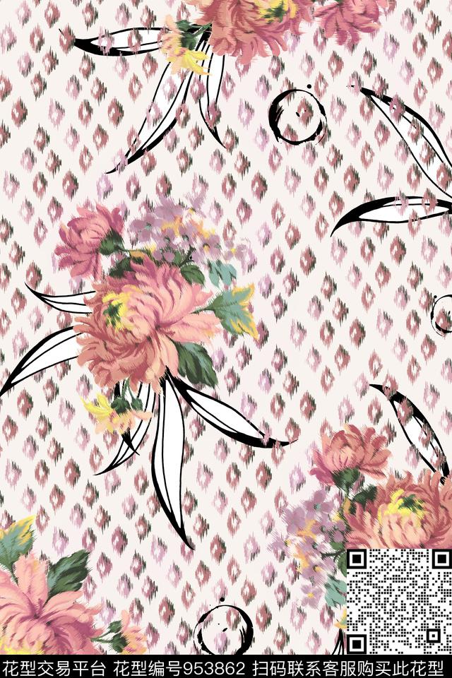 线条手绘花卉年轻女性数码印花华亿平台下载（图片编号: 953862） - 瓦栏（Walan）