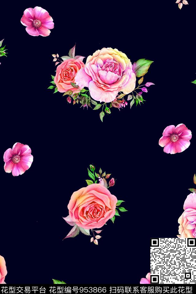 黑底花卉炫彩仿数码数码印花华亿平台下载（图片编号: 953866） - 瓦栏（Walan）