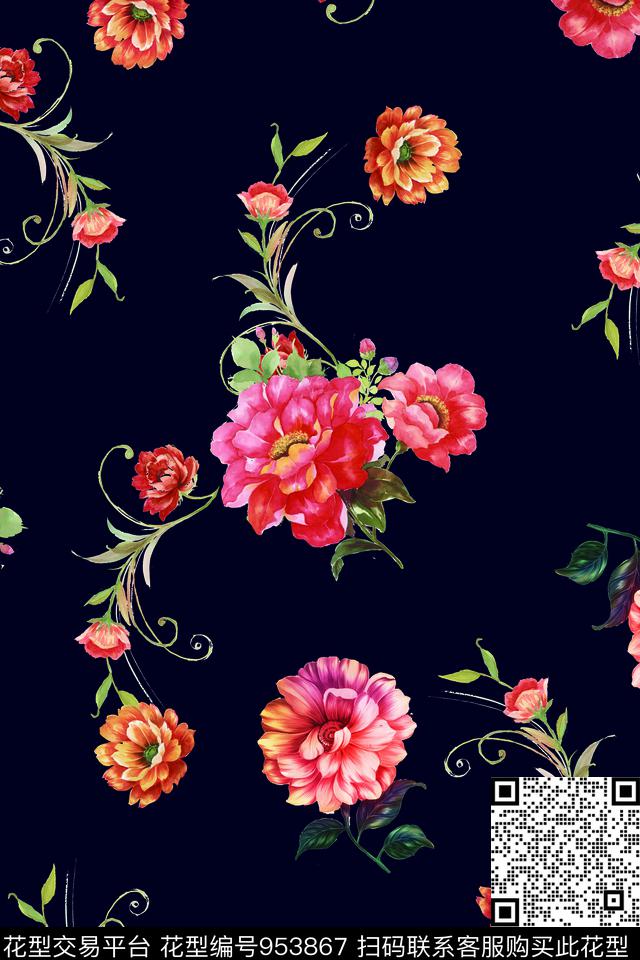 黑底花卉手绘花卉炫彩数码印花华亿平台下载（图片编号: 953867） - 瓦栏（Walan）