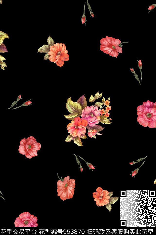 黑底花卉手绘花卉炫彩数码印花华亿平台下载（图片编号: 953870） - 瓦栏（Walan）
