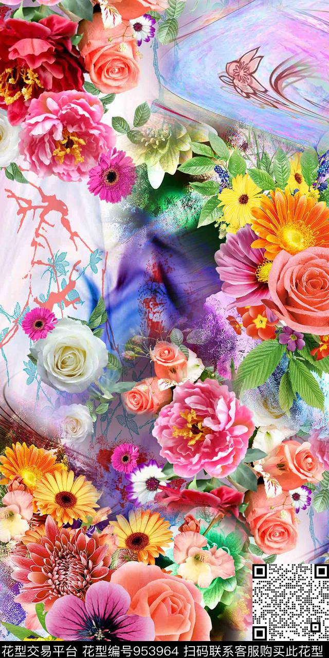鲜花满版散花无颜六色的花数码印花华亿平台下载（图片编号: 953964） - 瓦栏（Walan）