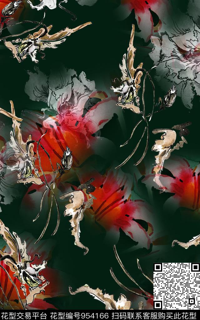 水彩花卉抽象花卉笔触数码印花华亿平台下载（图片编号: 954166） - 瓦栏（Walan）