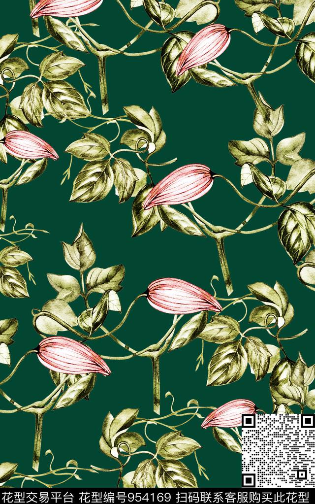 水彩花卉清爽底花卉绿植树叶数码印花华亿平台下载（图片编号: 954169） - 瓦栏（Walan）