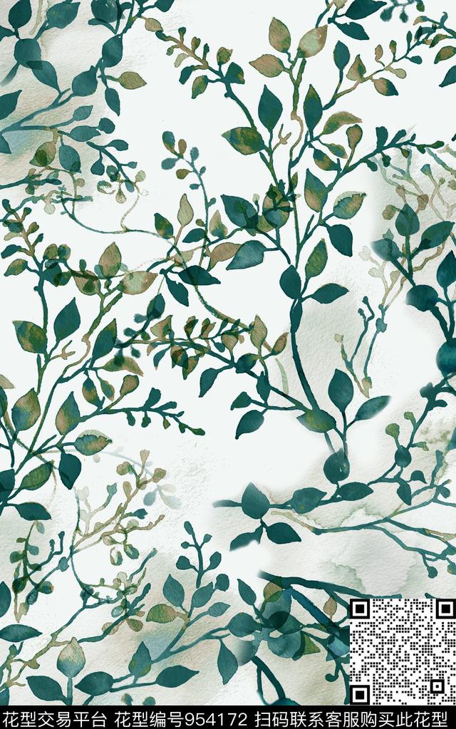 清爽底花卉绿植树叶水彩花卉数码印花华亿平台下载（图片编号: 954172） - 瓦栏（Walan）