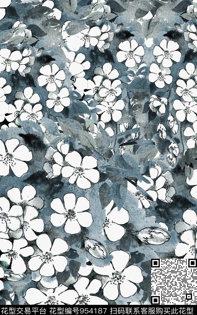 水彩花卉数码华亿平台清爽底花卉数码印花华亿平台下载（图片编号: 954187） - 瓦栏（Walan）