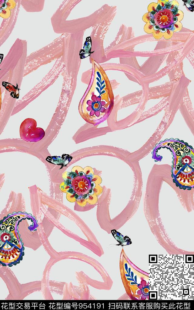 民族风清爽底花卉大笔触数码印花华亿平台下载（图片编号: 954191） - 瓦栏（Walan）