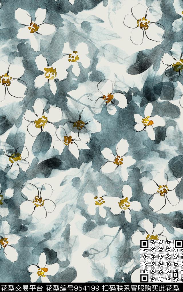 水彩花卉数码华亿平台清爽底花卉数码印花华亿平台下载（图片编号: 954199） - 瓦栏（Walan）