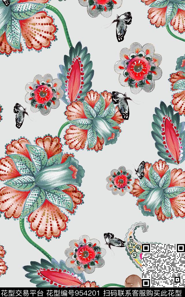 民族风数码华亿平台清爽底花卉数码印花华亿平台下载（图片编号: 954201） - 瓦栏（Walan）