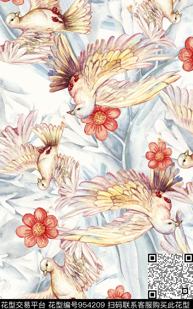 花卉动物清爽底花卉数码印花华亿平台下载（图片编号: 954209） - 瓦栏（Walan）