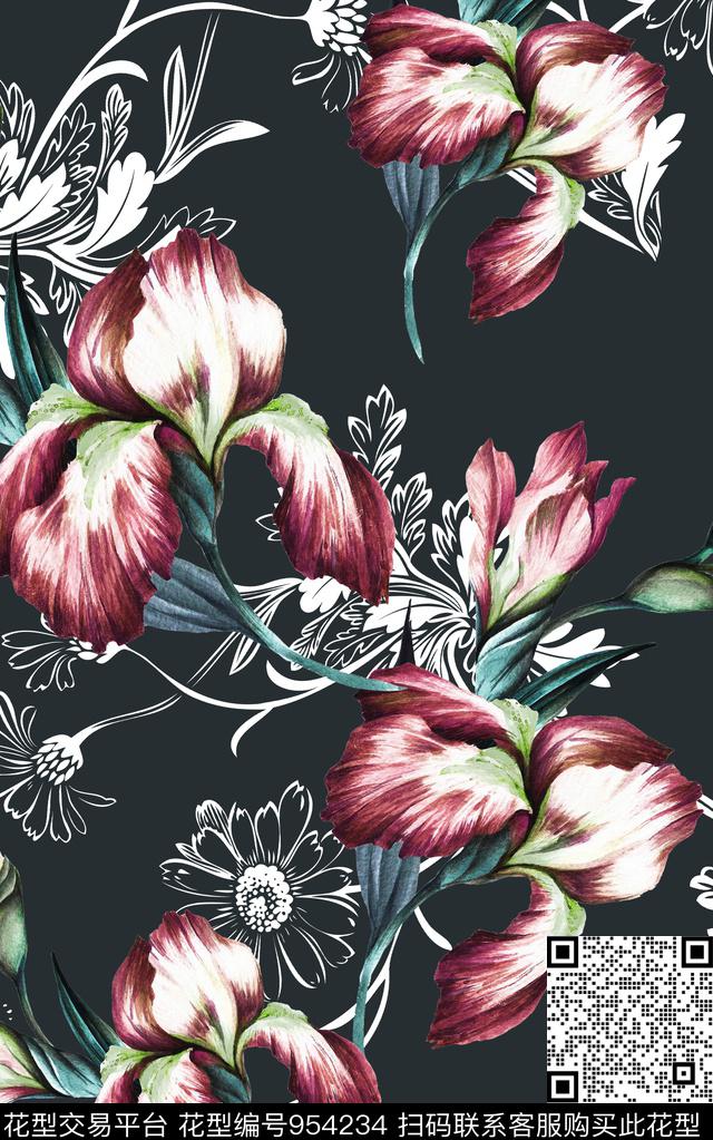 线条线条花卉清爽底花卉数码印花华亿平台下载（图片编号: 954234） - 瓦栏（Walan）