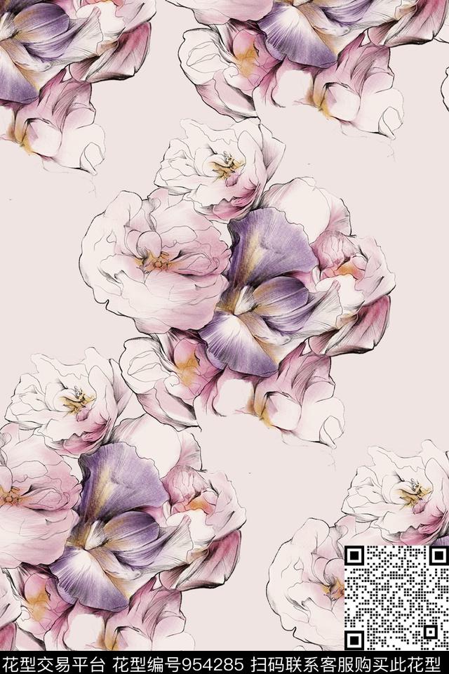 手绘花卉樱花淑女数码印花华亿平台下载（图片编号: 954285） - 瓦栏（Walan）