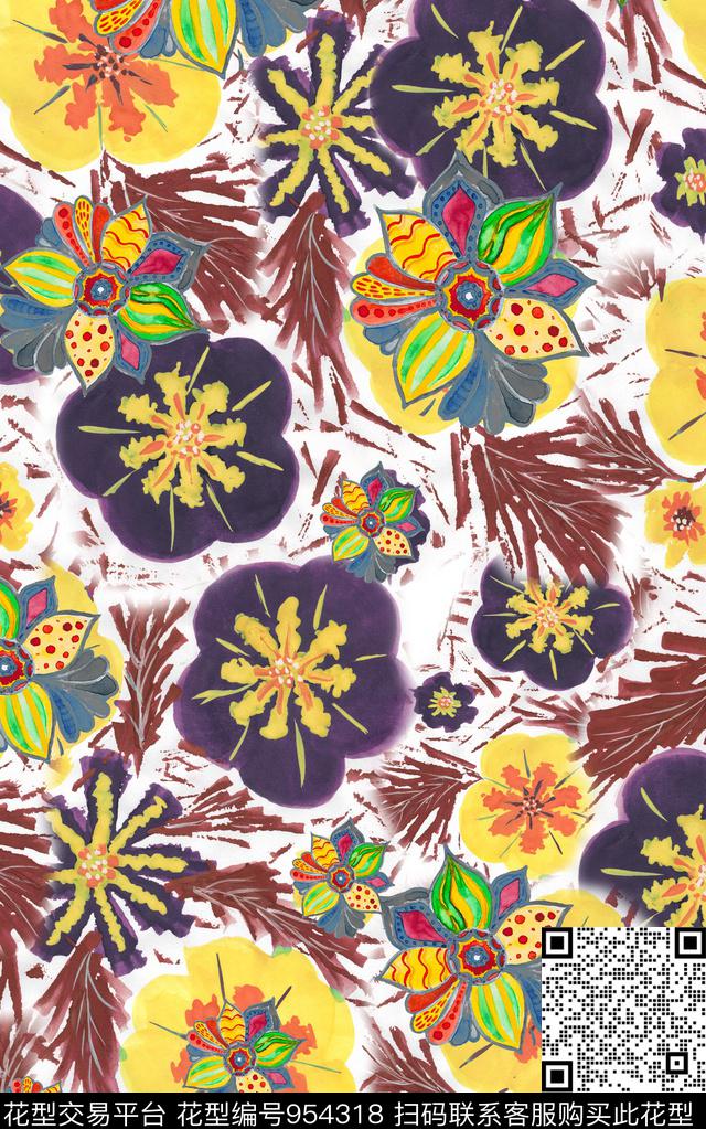 花卉笔触几何数码印花华亿平台下载（图片编号: 954318） - 瓦栏（Walan）