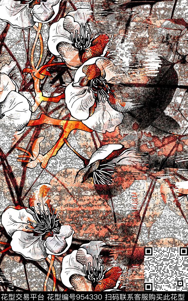 数码华亿平台花卉笔触数码印花华亿平台下载（图片编号: 954330） - 瓦栏（Walan）