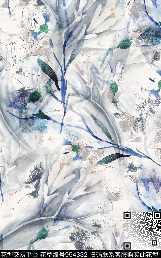数码华亿平台花卉笔触数码印花华亿平台下载（图片编号: 954332） - 瓦栏（Walan）