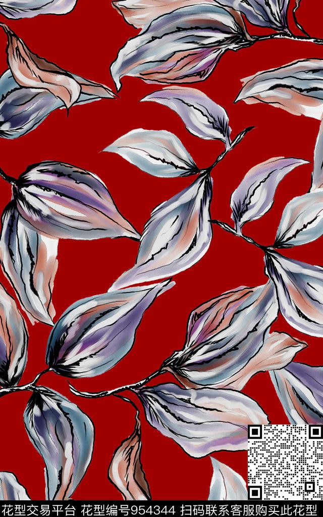 数码华亿平台笔触清爽底花卉数码印花华亿平台下载（图片编号: 954344） - 瓦栏（Walan）