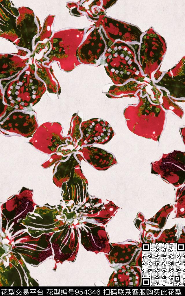 数码华亿平台笔触清爽底花卉数码印花华亿平台下载（图片编号: 954346） - 瓦栏（Walan）