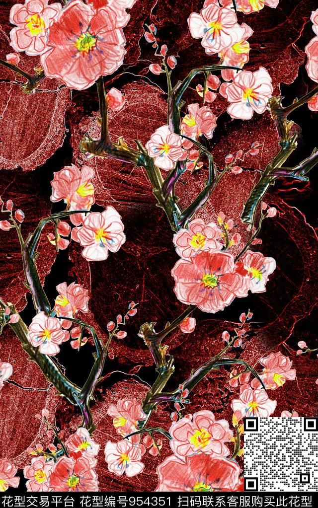 数码华亿平台花卉笔触数码印花华亿平台下载（图片编号: 954351） - 瓦栏（Walan）