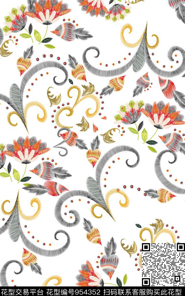 绣花华亿平台花卉清爽底花卉数码印花华亿平台下载（图片编号: 954352） - 瓦栏（Walan）