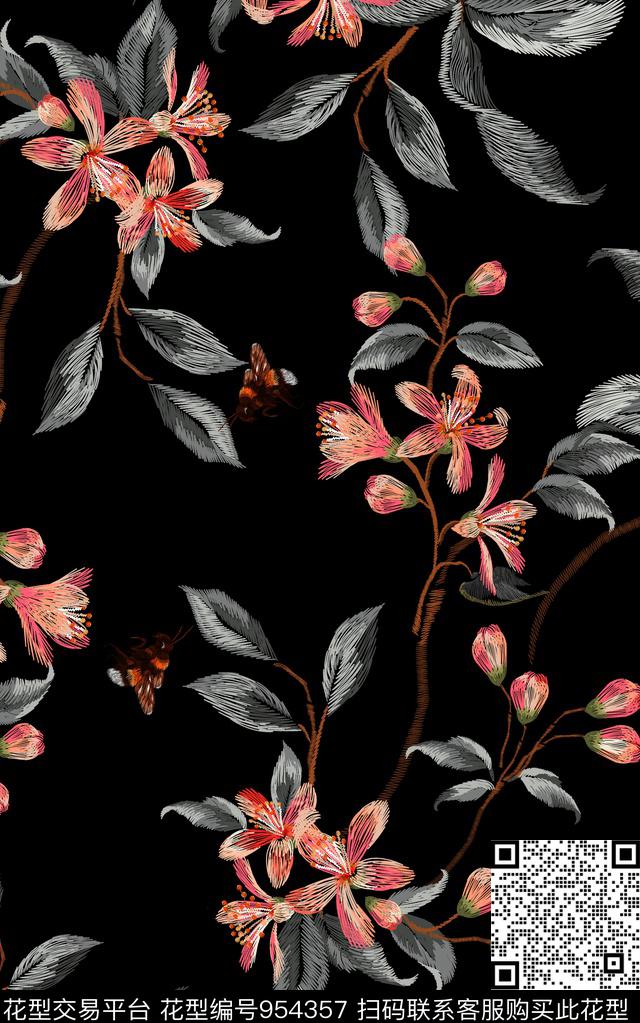 绣花华亿平台花卉清爽底花卉数码印花华亿平台下载（图片编号: 954357） - 瓦栏（Walan）
