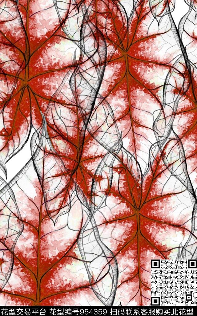 线条绿植树叶清爽底花卉数码印花华亿平台下载（图片编号: 954359） - 瓦栏（Walan）