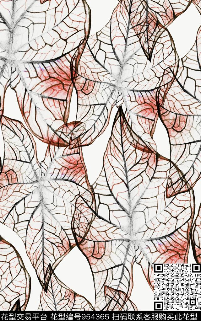 线条绿植树叶清爽底花卉数码印花华亿平台下载（图片编号: 954365） - 瓦栏（Walan）