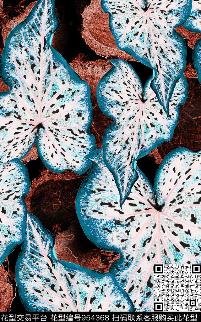 线条绿植树叶清爽底花卉数码印花华亿平台下载（图片编号: 954368） - 瓦栏（Walan）