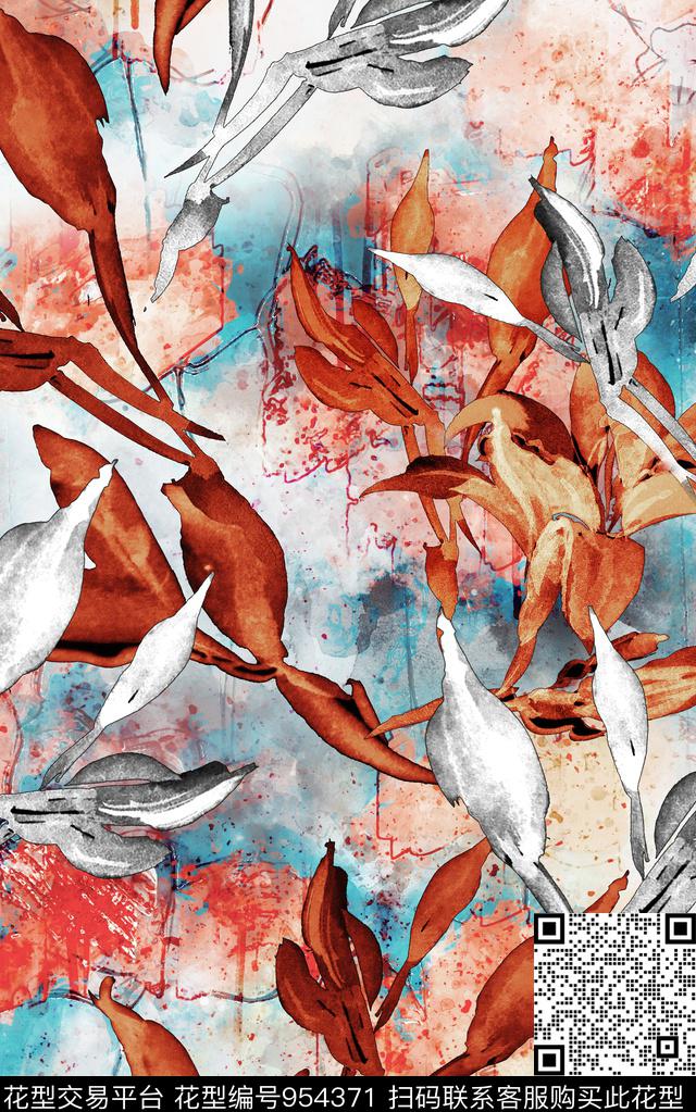 抽象花卉笔触数码印花华亿平台下载（图片编号: 954371） - 瓦栏（Walan）