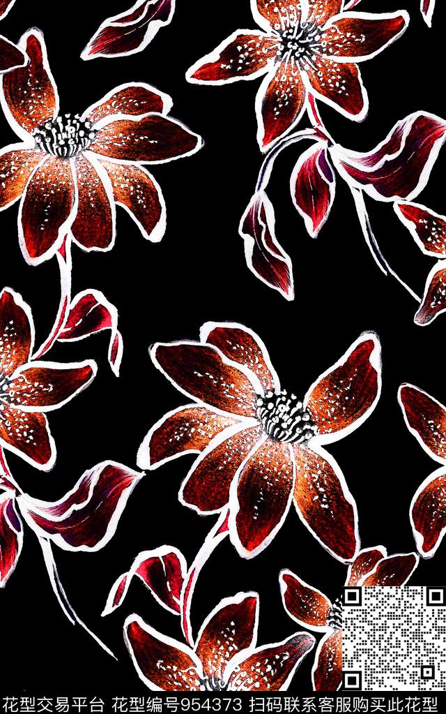 线条花卉清爽底花卉数码印花华亿平台下载（图片编号: 954373） - 瓦栏（Walan）