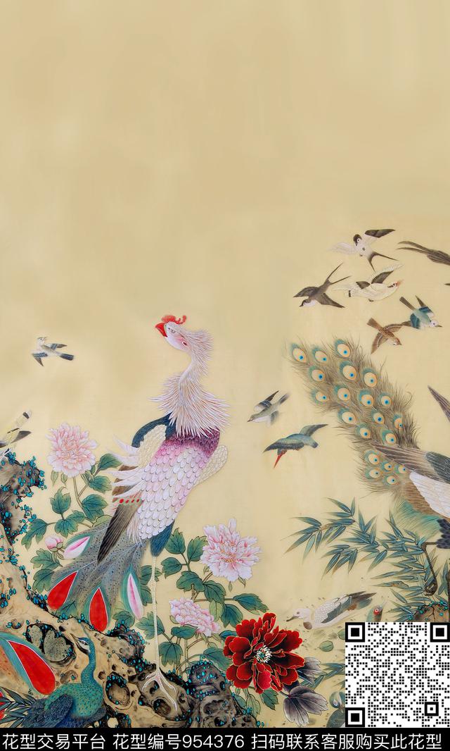 花卉孔雀中国风数码印花华亿平台下载（图片编号: 954376） - 瓦栏（Walan）