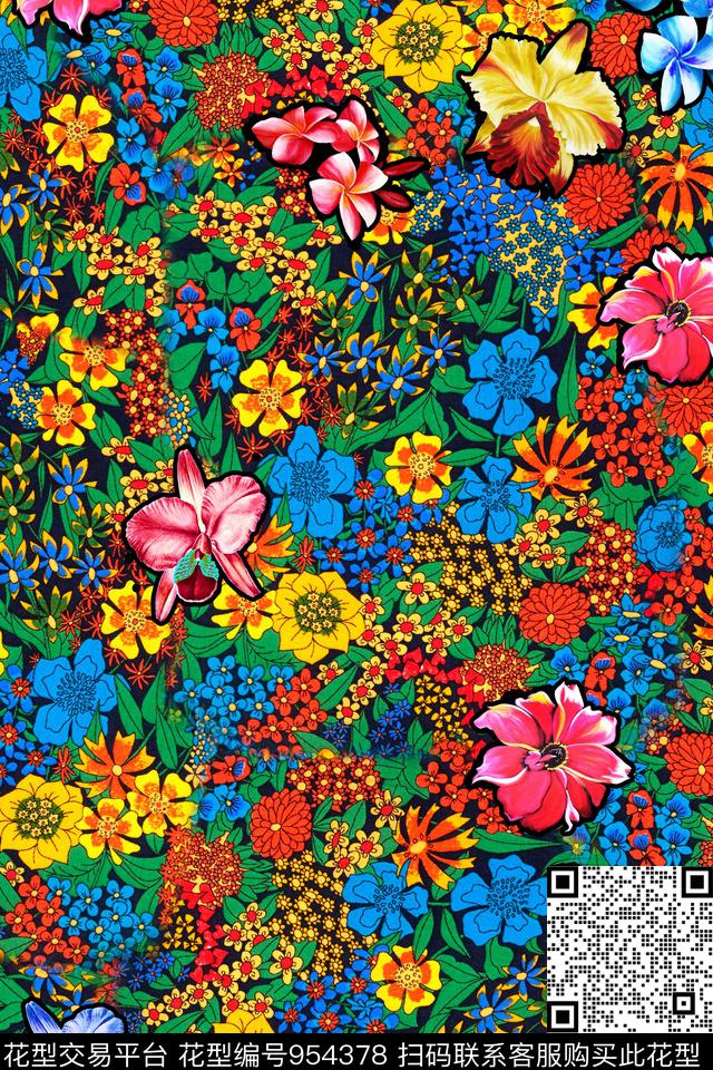 牡丹花卉小碎花数码印花华亿平台下载（图片编号: 954378） - 瓦栏（Walan）