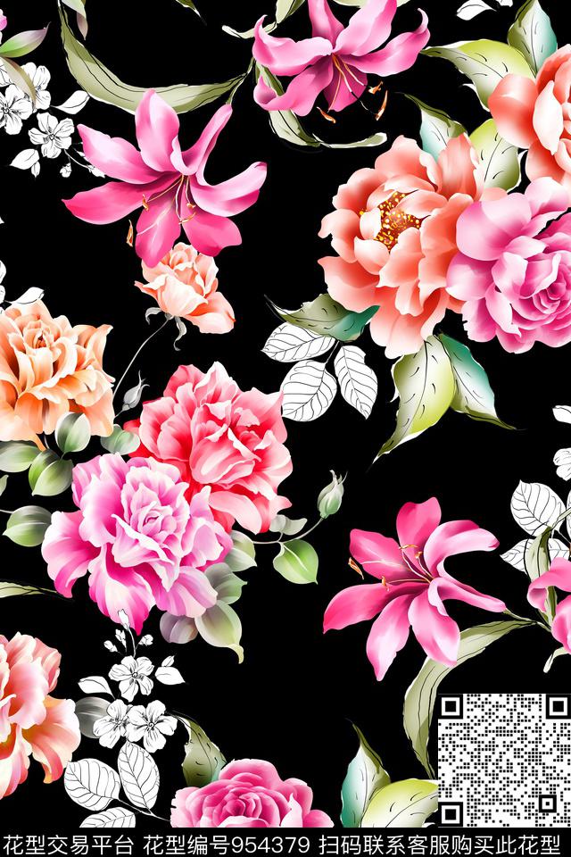 牡丹花卉绿植树叶数码印花华亿平台下载（图片编号: 954379） - 瓦栏（Walan）