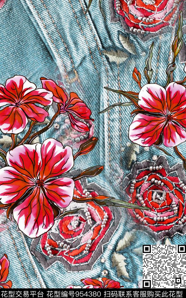 牛仔数码华亿平台花卉数码印花华亿平台下载（图片编号: 954380） - 瓦栏（Walan）