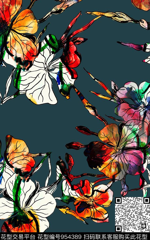 线条花卉数码华亿平台水彩花卉数码印花华亿平台下载（图片编号: 954389） - 瓦栏（Walan）
