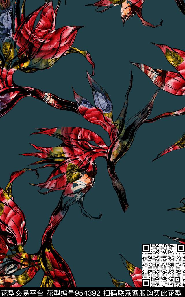 线条花卉数码华亿平台水彩花卉数码印花华亿平台下载（图片编号: 954392） - 瓦栏（Walan）