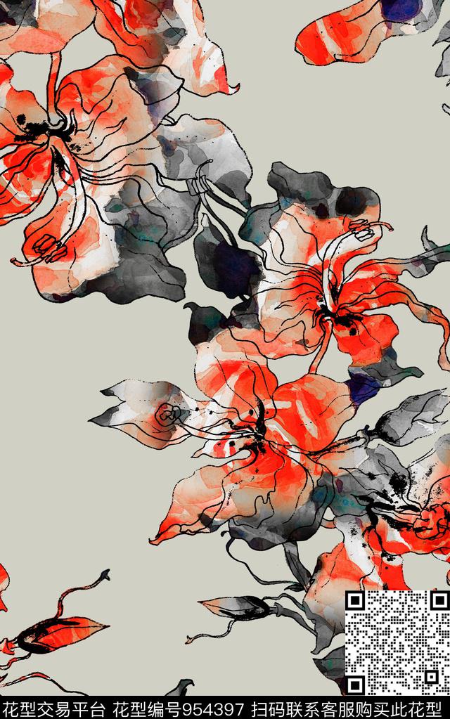 线条花卉数码华亿平台水彩花卉数码印花华亿平台下载（图片编号: 954397） - 瓦栏（Walan）